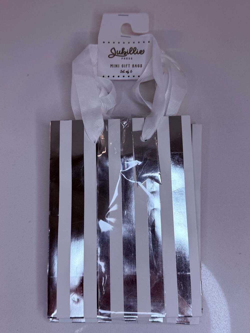 Jubillie Press Silver and White Metallic Striped Mini Gift Bags, Set of 6